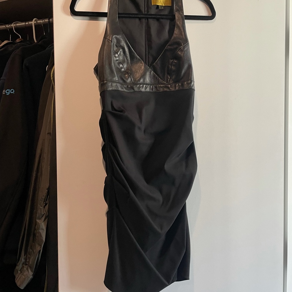 Black dress with leather detail and ruching front and back